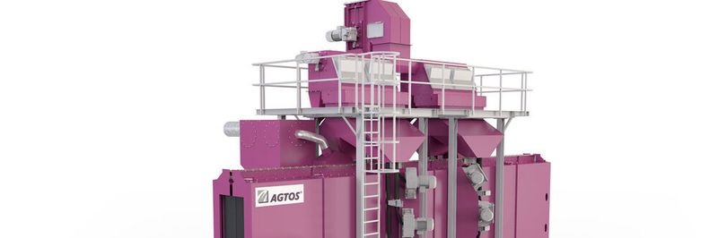 This picture shows an AGTOS hanger type blast machine for aluminum parts.