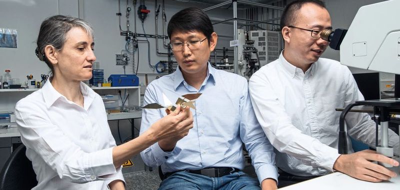 Laura Heyderman (links) und Tian-Yun Huang (Mitte) betrachten ein Modell des Origami-Vogels, während Jizhai Cui den echten Mikroroboter unter einem Mikroskop beobachtet. Was er dort sehen kann, zeigt das Video, das die Forschenden gemacht haben.