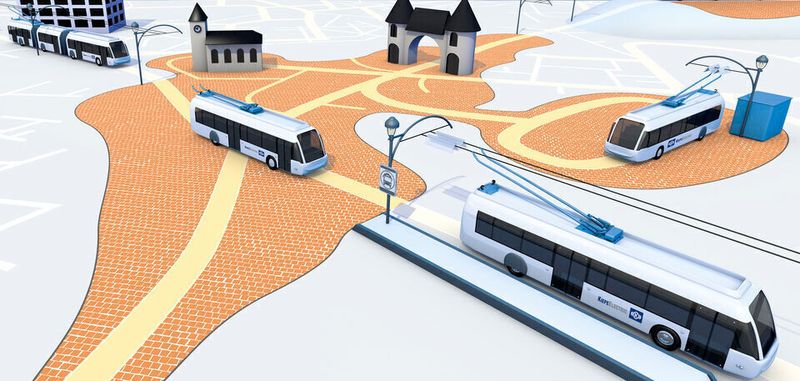 Beim IMC-Konzept von Kiepe Electric können große Stadtgebiete oberleitungsfrei bleiben. Die Obusse fahren mit der Energie aus der Batterie, die in Gebieten mit Oberleitung (hellblau) aufgeladen wird. Nach diesem Konzept wird das neue IMC-System in Verona realisiert.