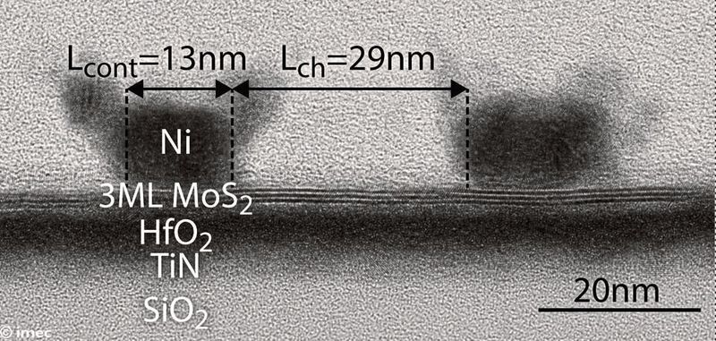 2D-Transistoren: Drei Monolayer eines MoS2-Kanals in einem 2D-FET mit einer Kontaktlänge von 13 nm und einer Kanallänge von 29 nm im TEM-Bild.