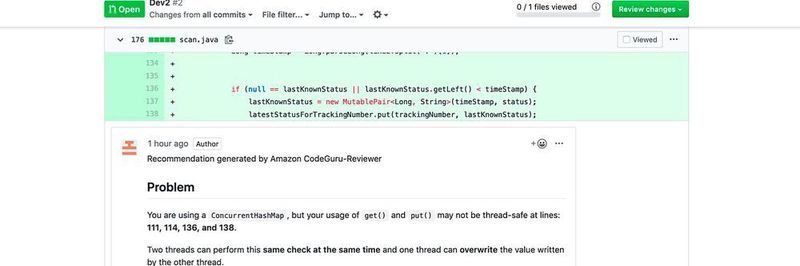 Der Amazon CodeGuru Reviewer überprüft Pull-Anforderungen und gibt Empfehlungen zum Quellcode in Github oder AWS CodeCommit sowie eine Beschreibung, was das Problem verursacht und wie Nutzer es beheben können.