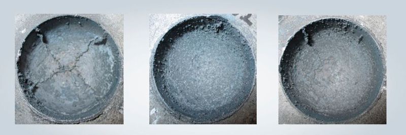This picture shows castings without additive (left), with lithium-containing additive VU 3010 (middle) and with lithium-free additive EP 4866 (right).