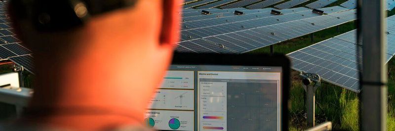 NEXTracker commissioning field expert using NX Navigator control and monitoring software on solar power plant.