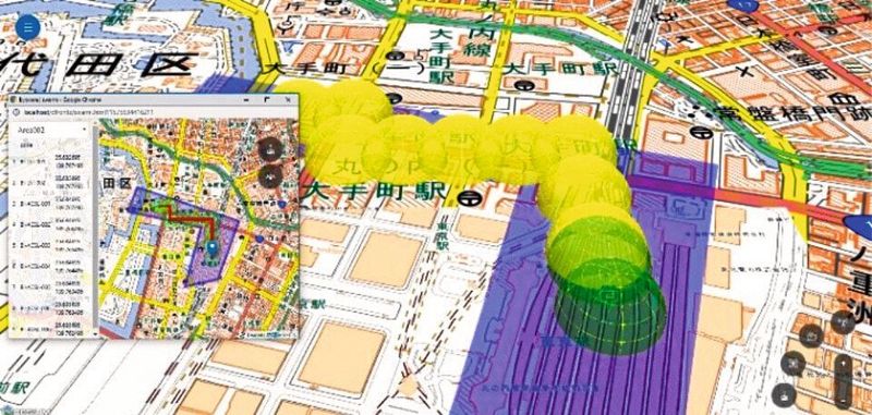 Simuliertes Anzeigebild von drohnenaktivierten, beweglichen Kommunikationsrelaisstationen.