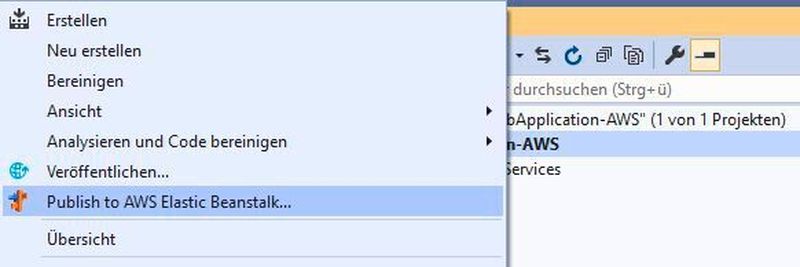 Eine Anwendung lässt sich über den Projektmappen-Explorer“ des AWS Toolkit für Visual Studio direkt nach Elastic Beanstalk publizieren.