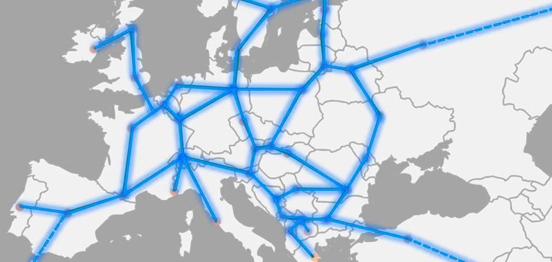 Möglicher Verlaufsplan eines paneuropäischen Hyperloop-Netzes: Die Hyperloop-Firmen Hardt, HyperPoland, Transpod und Zeleros Hayperloop arbeiten mit dem European Committee for Standardization (CEN) und dem European Committee for Electrotechnical Standardization (CENELEC) zusammen, um einen einheitlichen Standard für die Hochgeschwindigkeitsstrecke zu erarbeiten.