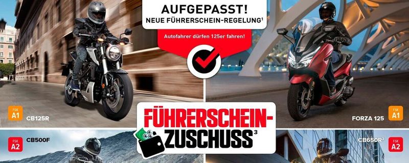 Extra Bonus für alle Führerscheinneulinge: Mit Honda die Zweirad-Karriere starten und 10 Prozent beim Kauf eines neuen Motorrads sparen.