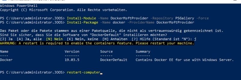 Docker in Windows Server 2019 installieren (Screenshot: Thomas Joos).