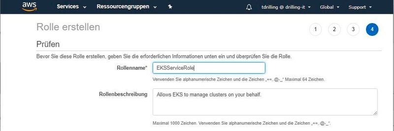 Der Name der IAM-Rolle für Kubernetes sollte eindeutig sein.