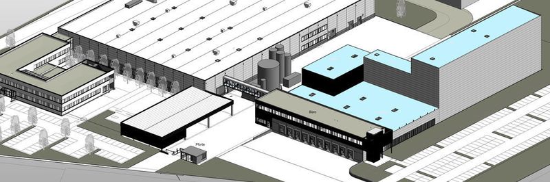 Das neue Logistikzentrum (Bereich mit blauem Dach) wird direkt an den Hauff-Firmensitz angegliedert.