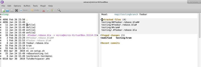 Emacs-Fenster mit Buffern für Dired und Magit-Status.