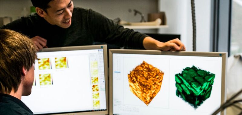 Felix Walther (links) und Dr. Saneyuki Ohno bei der 3D-Analyse einer Festkörperbatterie am Physikalisch-Chemischen Institut der Justus-Liebig-Universität Gießen.