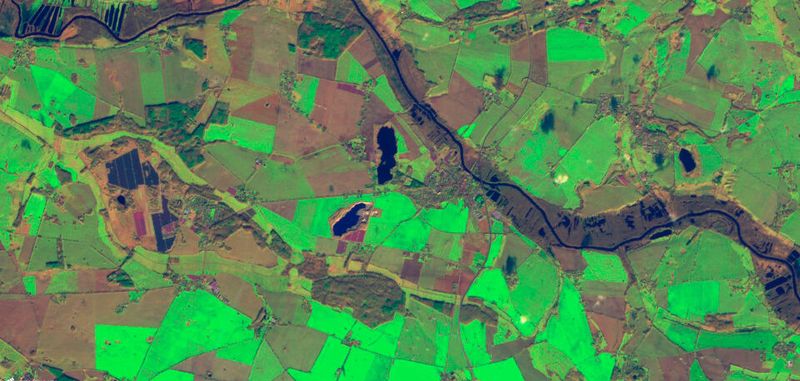 Aus Satellitendaten erzeugtes Bild einer Agrarlandschaft in Norddeutschland vom Februar 2020. Auf den Feldern wächst Winterweizen: Je intensiver das Grün ist, umso vitaler sind die Pflanzen.