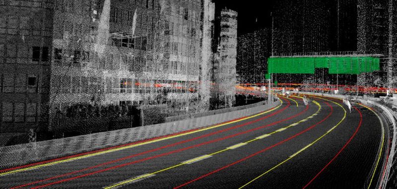 Das System verknüpft Objektdaten, die während des Mapping-Prozesses erstellt wurden,und vervollständigt die hochpräzisen dreidimensionalen Kartendaten.