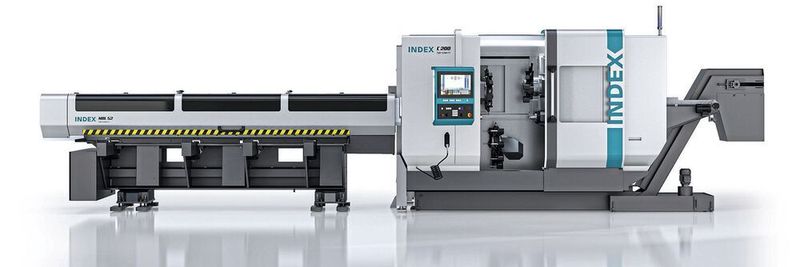 Index Produktionsdrehautomat C200 Tandem mit Doppelspindel ausgerüstet mit dem Stangenlader Index MBL 52 Tandem.