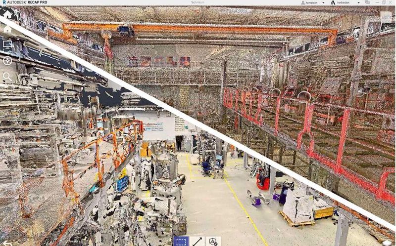 Hier ein Vergleich zwischen Infrarotscan- (links unten) und Laserscan-Aufnahme des hauseigenen Technikums (rechts oben).