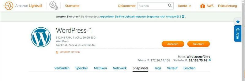 Aus Sicherheitsgründen ist es sinnvoll, den aktuellen Zustand unserer Instanz in einem Snapshot festzuhalten.