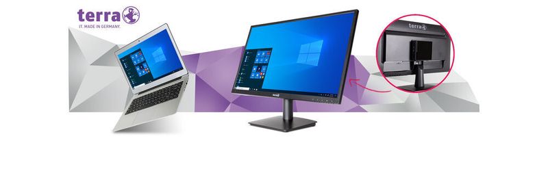 Die Palette an TERRA-Client-Rechnern für das Homeoffce umfasst neben Notebooks auch Micro-PCs, die einfach per VESA-Mount an der Rückseite eines TERRA-Monitors befestigt werden können.