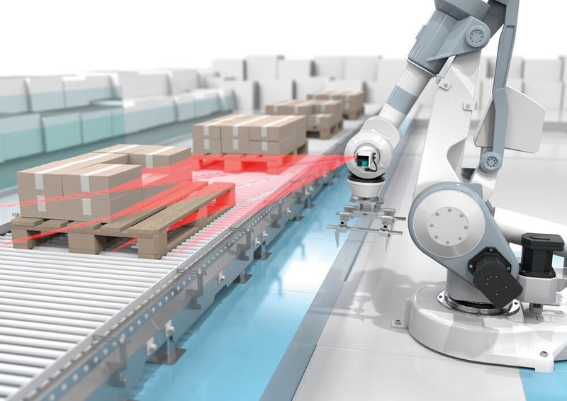 Im Praxiseinsatz: 3D-Messung mit dem 3D-Lidar-Mehrlagenscanner R2300 an einem Roboterarm.