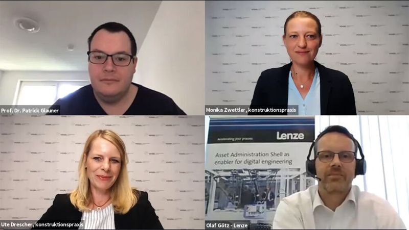 Der Smart Engineering Day wurde aufgrund der Corona-Krise als Webkonferenz veranstaltet. Im Bild die beiden Keynote-Speaker Prof. Dr. Glauner (links oben) und Olaf Götz sowie Ute Drescher, Chefredakteurin der konstruktionspraxis und Monika Zwettler, Redakteurin.