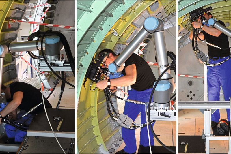 Montage einer Stringer-Kupplung mithilfe eines kollaborativen Roboters im Flugzeugrumpf.