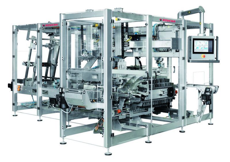 Eine Endverpackungsmaschine für Trays mit Deckel ermöglicht einen präzisen Verpackungsprozess. Optional können elektronische Positionsanzeigen zur überwachten Formatverstellung integriert werden.