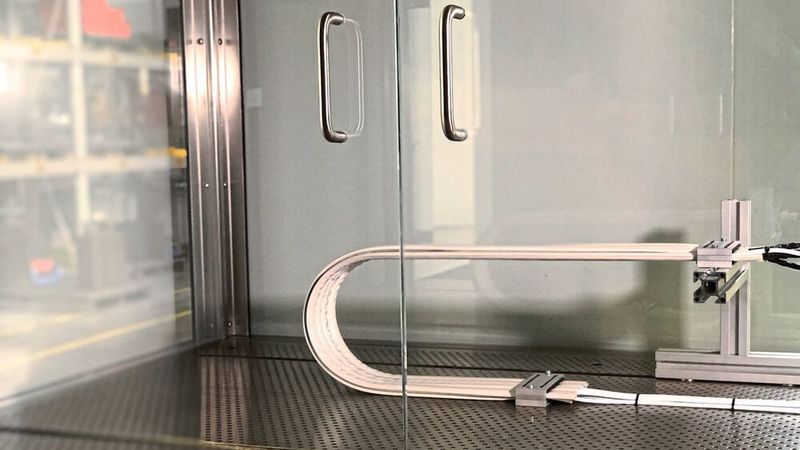 Reinraumlabor: Die Tests zum Beispiel der e-skin Energieführungen finden gemäß der ISO 14644-14 Bedingungen in modularen Laminar Flow Boxen statt.