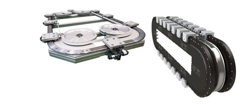 Fest verkettete Systeme wie Hepco Motions neuestes Produkt, das DTS+ (li.), kommen im Komplettpaket. Antriebssysteme mit Linearmotor wie das Beckhoff XTS (re.) mit Hepco Motions speziell auf das System angepasstem Linearführungssystem bieten Flexibilität.