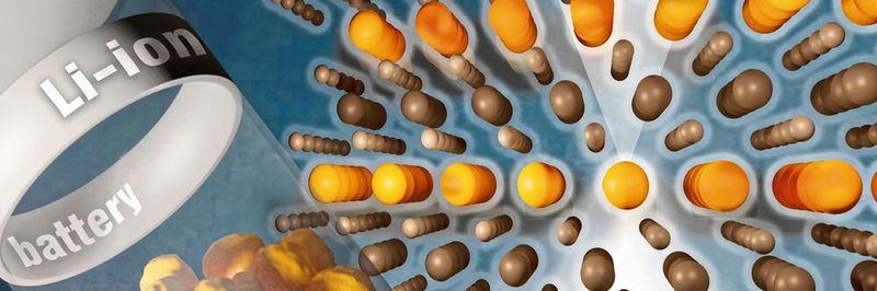 Tritt ein STEM-Elektronenstrahl (weiß) durch die Anordnung der Atome in Lithium-Nickel-Oxid (Bildmitte), so entsteht ein Bild (unten), aus dem auf die Lage der Atome zurückgerechnet werden kann. Das untersuchte Material könnte auf der Kathodenseite von Batterien eingesetzt werden (links symbolisiert).