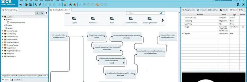 Entwickeln ohne Programmieren im AppSpace: Ein Dataflow, zusammengesetzt aus Funktionsblöcken
