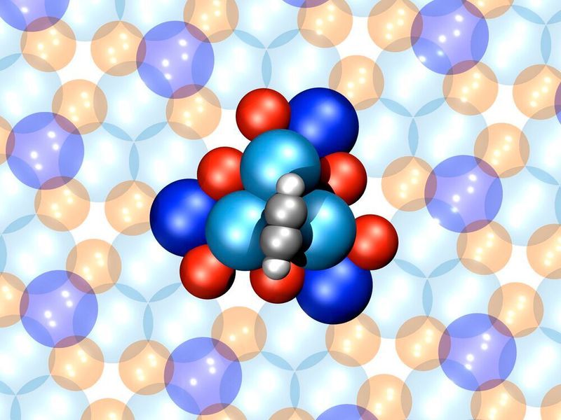Ein Motor, der nur aus 16 Atomen besteht: Atomares Strukturmodel eine einzelnen 4-atomigen Acetylen-Rotors (grau-weisse Kugeln) auf der chiral (d.h. händischen) PdGa Oberfläche (blaue Kugel = Palladium, rote Kugeln = Gallium).