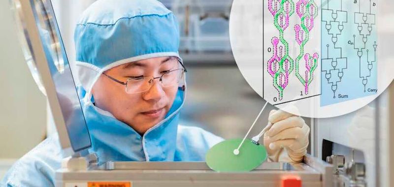 Postdoktorand Zhaochu Luo mit einem Chip, auf dem Rennbahnspeicher mit Logik hergestellt werden.
