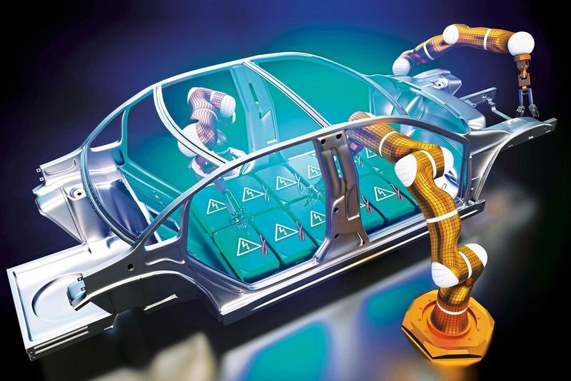 Roboter montieren die Batteriemodule eines E-Autos (Symbolbild).