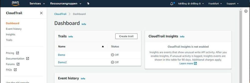 Das CloudTrail-Dashboard zeigt zunächst einmal nur den groben Ereignisverlauf.