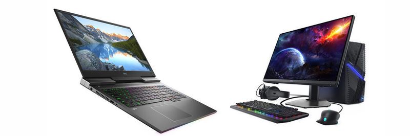 Neue Hardware für Gamer von Dell: Das schlanke Gaming-Notebook G7, der Desktop G5, der 27-Zoll-Monitor S2721DGF mit 165-Hz-Panel und ein mechanisches Keyboard mit Alienware-Logo.