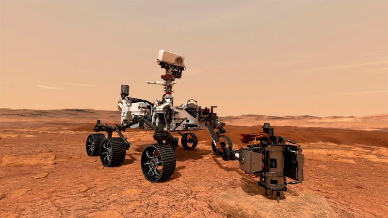 Eine künstlerische Darstellung, wie der Perseverance Rover eine Probe auf dem Mars entnimmt.