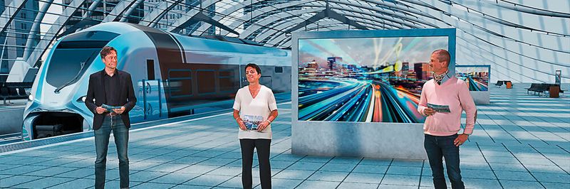 Kombination aus Real und Virtuell: Die CEOs Sabrina Soussan und Michael Peter mit Frederick Jeske-Schönhoven, Senior Vice President Strategy, im virtuellen Bahnhof vor dem Regionalverkehrszug Mireo.