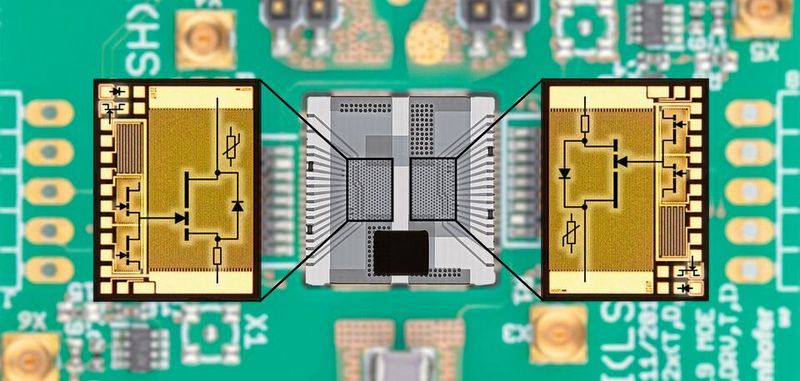 Röntgenaufnahme der Halbbrückenschaltung und Schaltplan der integrierten GaN-Power-ICs.