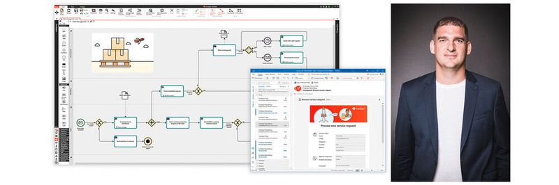 Links ein Einblick in die Benutzeroberfläche der Softwareplattform, rechts Gründer und CEO Robert Hutter.