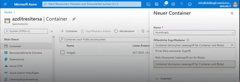 Für den Thumbnail-Container unter Microsoft Azure benötigen wir erst einmal ein Speicherkonto.