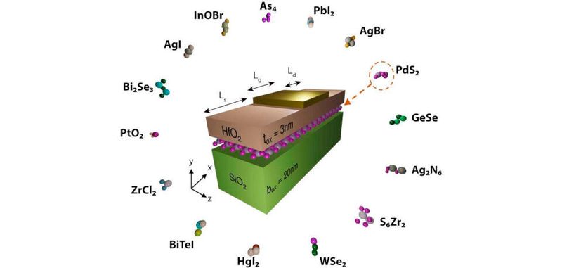 Struktur eines single-gate Feldeffekttransistors mit einem Kanal aus einem zweidimensionalen Material. Drumherum angeordnet befindet sich eine Auswahl an zweidimensionalen Materialien, die untersucht wurden.