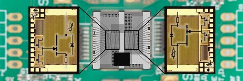 An x-ray image of the half bridge circuit and circuit diagram of the integrated GaN Power ICs.
