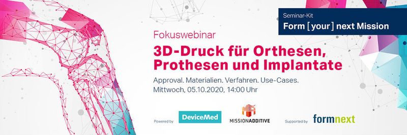 In dem Fokuswebinar zum Thema 3D-Druck für Orthesen, Prothesen und Implantate erfahren Sie alles über die Einhaltung und Umsetzung wichtiger Normen in der Medizintechnik, geeignete Materialien und deren Einsatz in der additiven Fertigung von Medizinprodukten sowie Use Cases.