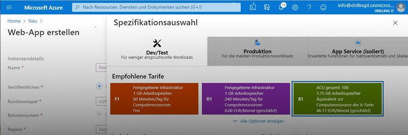Für einen einfachen Test einer Webanwendung unter Microsoft Azure genügt der Service-Plan B1 im Bereich „Dev/Test“.