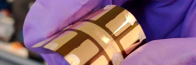 The flexible organic solar module that has been developed at Swansea University. It can be printed directly onto a flexible base, making it cheaper to manufacture and suitable for more applications than existing solar cells.
