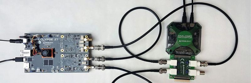 Ein aus einem Eclypse Z7 Entwicklungskit mit je einer Zmod-kompatiblen A/D- und D/A-Wandler-Karte sowie einem Analog Discovery 2 aufgebautes Test- und Messsystem.