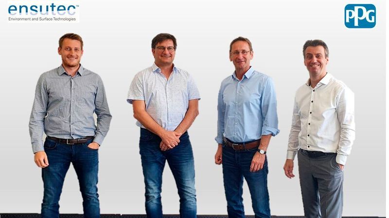 Ensutec und PPG sind künftig Kooperationspartner: (v. li.) Florian Geiselhart, Vertrieb Ensutec; Thomas Mayer, Geschäftsführer und Firmeninhaber Ensutec; Jochen Kleemann, Business Manager Germany PPG; Thomas Grebe, Product Manager PPG.