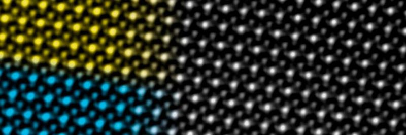 A scanning transmission electron microscopy image of a superlattice consisting of an alternating sequence of 5 atomic unit cells of neodymium nickelate (blue) and 5 atomic unit cells of samarium nickelate (yellow).