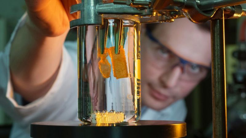 Dr. Stefan Zechel von der Universität Jena untersucht das Formgedächtnisverhalten von Kunststoffen. Dabei wird gezeigt, wie ein Kunststoff in einer deformierten Form (links) in seine ursprüngliche Form (rechts) zurückkehrt.