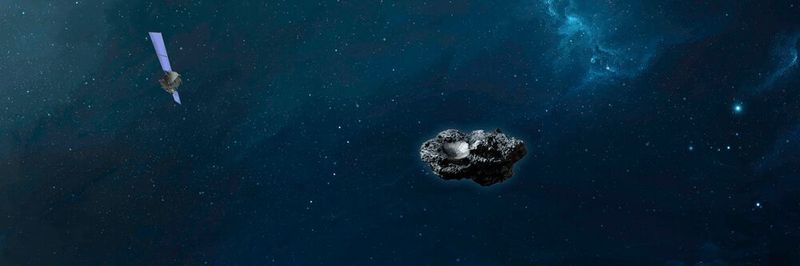 Die Computersimulation zeigt die Sonde Hera im Anflug auf den Asteroiden Didymoon. Die europäische Raumfahrtbehörde Esa hat in ihrem Kontrollzentrum in Darmstadt den Startschuss für ihre erste Mission zur Asteroiden-Abwehr gegeben.